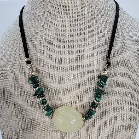 TC 20 Mexico Sterling Silver 925 Jade and Malachite Necklace 16 in Toggle Clasp - Picture 1 of 11